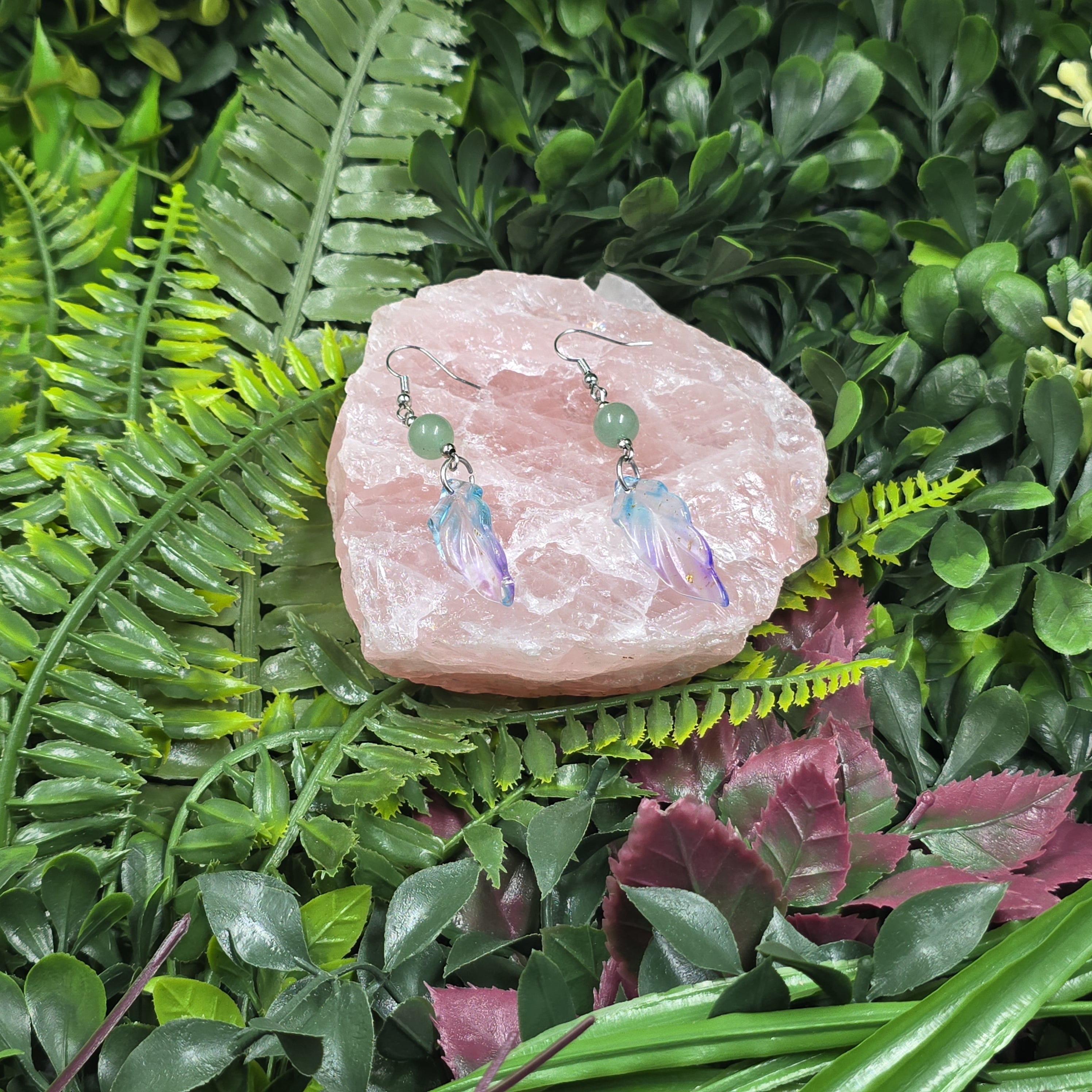 Boucles d’oreilles Ailes de Fée – Aventurine verte & verre irisé 🧚♀️💫