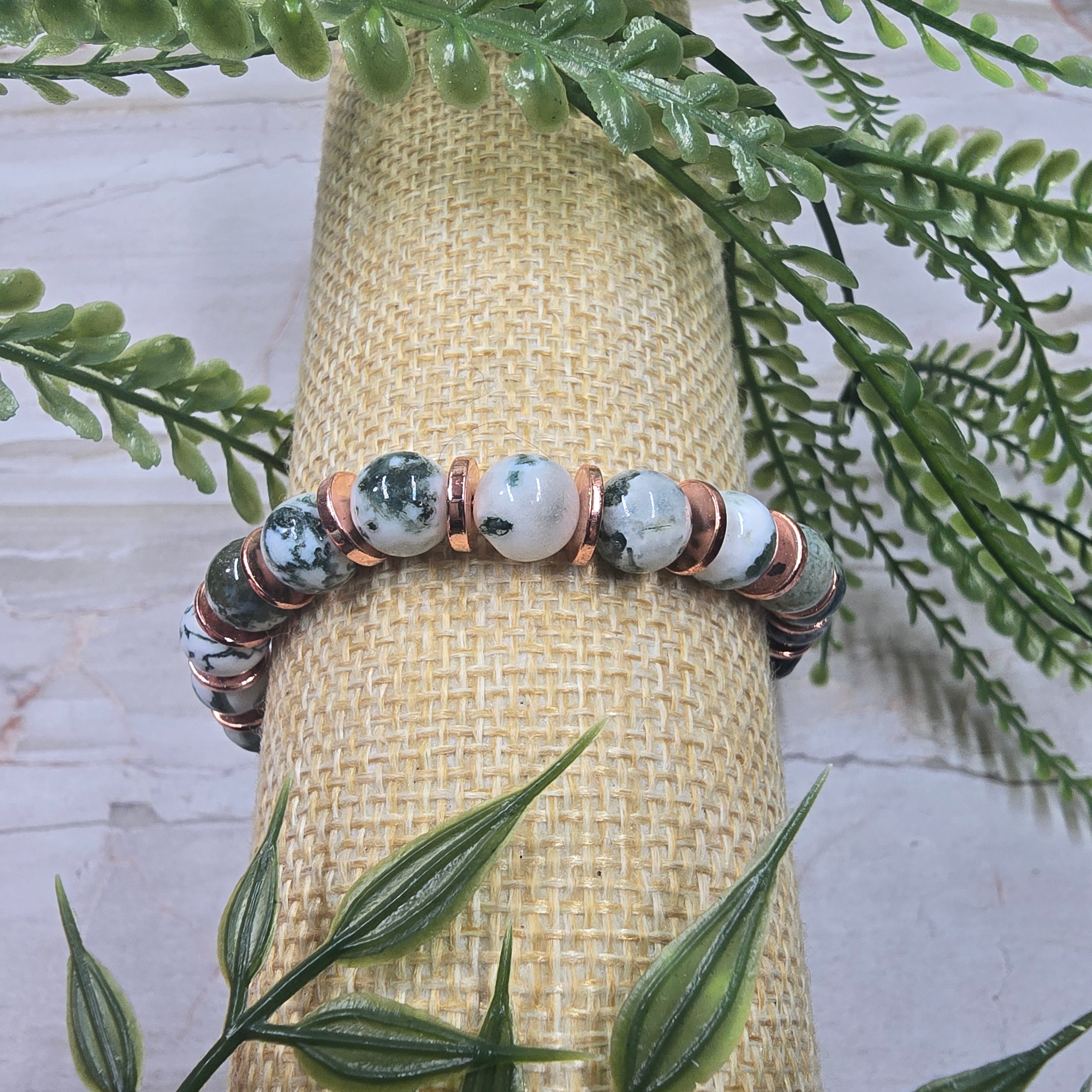 🌿 Bracelet ajustable Agate Arbre 8 mm & séparateurs cuivrés – équilibre & ancrage