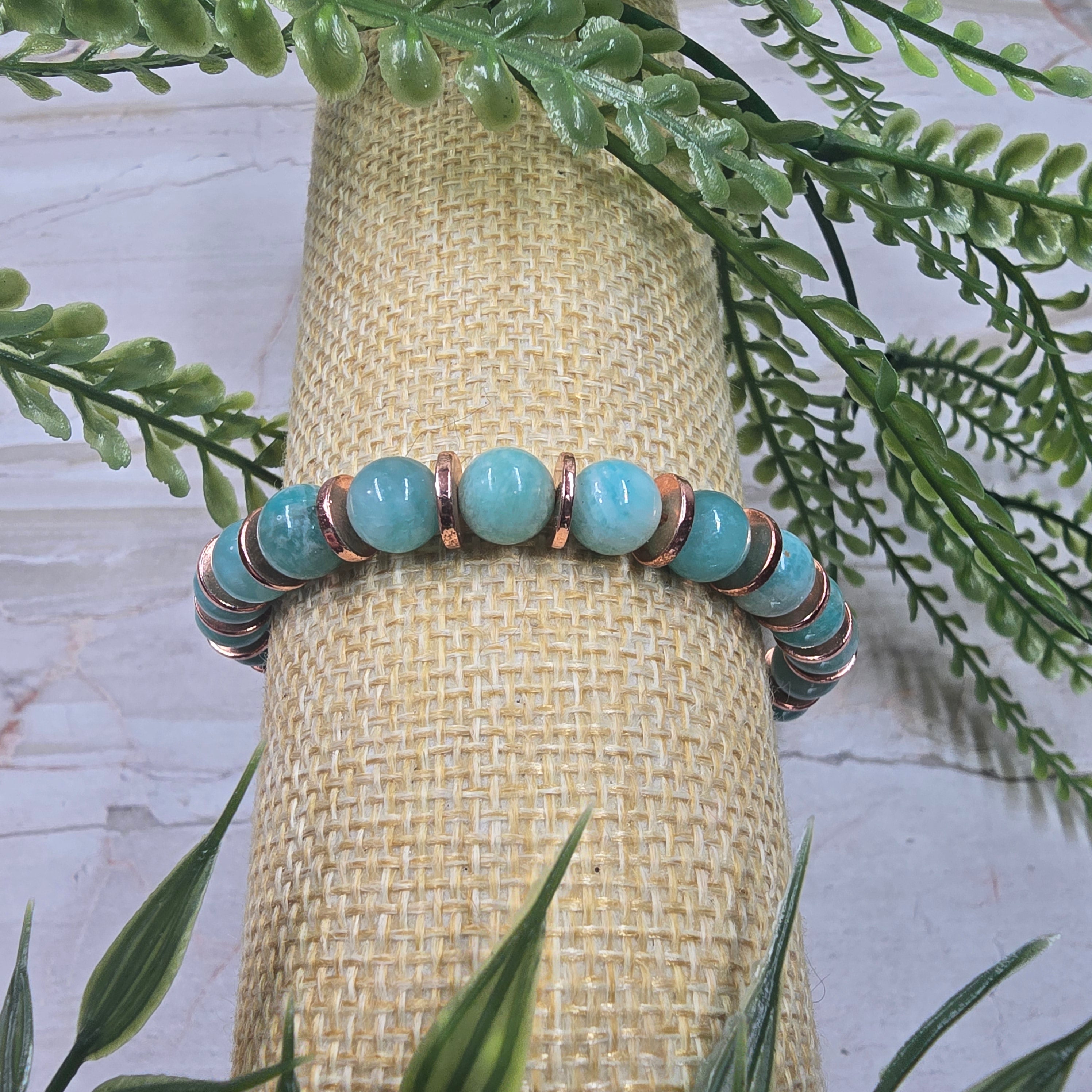 💚✨ Bracelet ajustable Amazonite 8 mm & séparateurs cuivrés – sérénité chic
