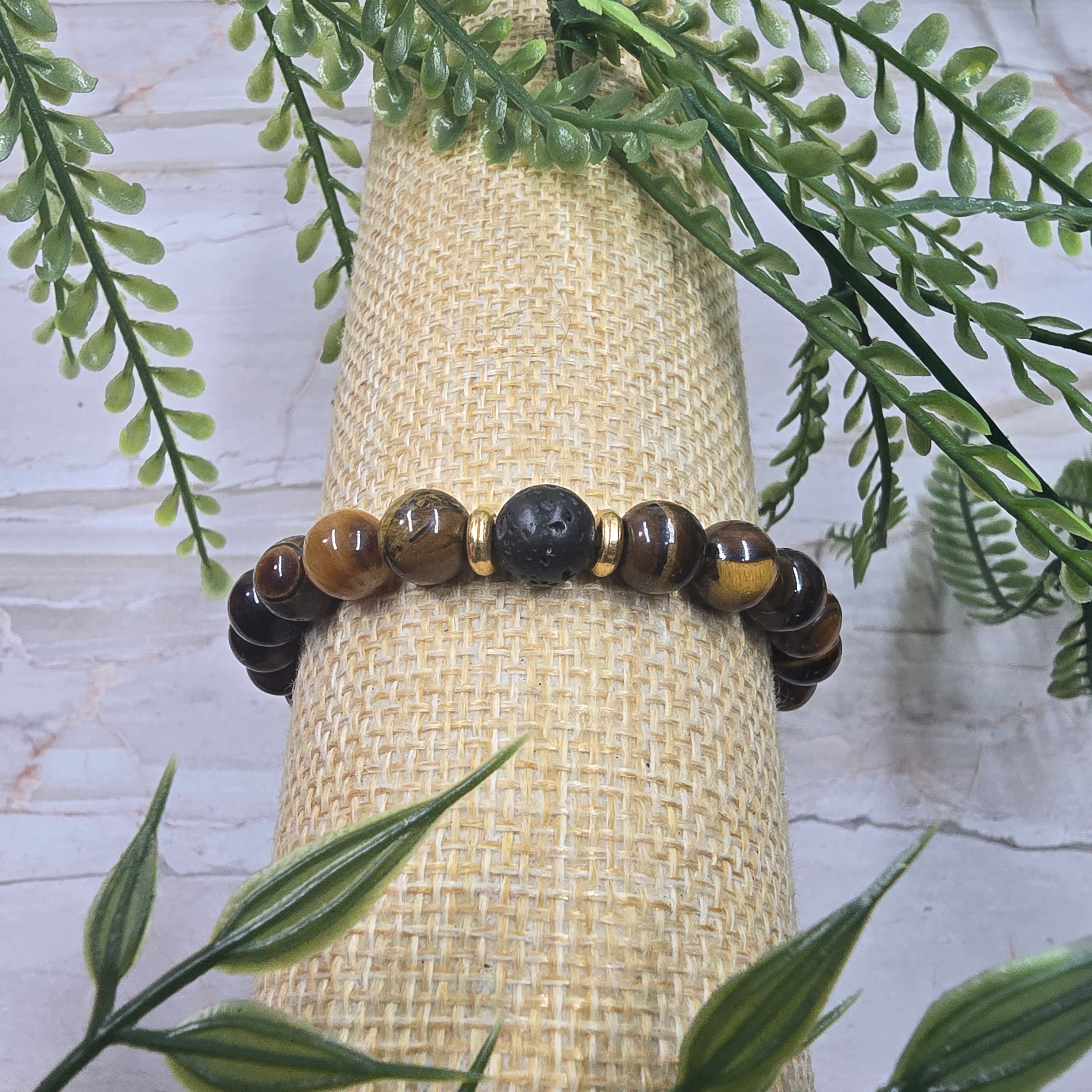 🐯🔥 Bracelet élastique Œil de Tigre & Pierre de Lave 8 mm – force & énergie