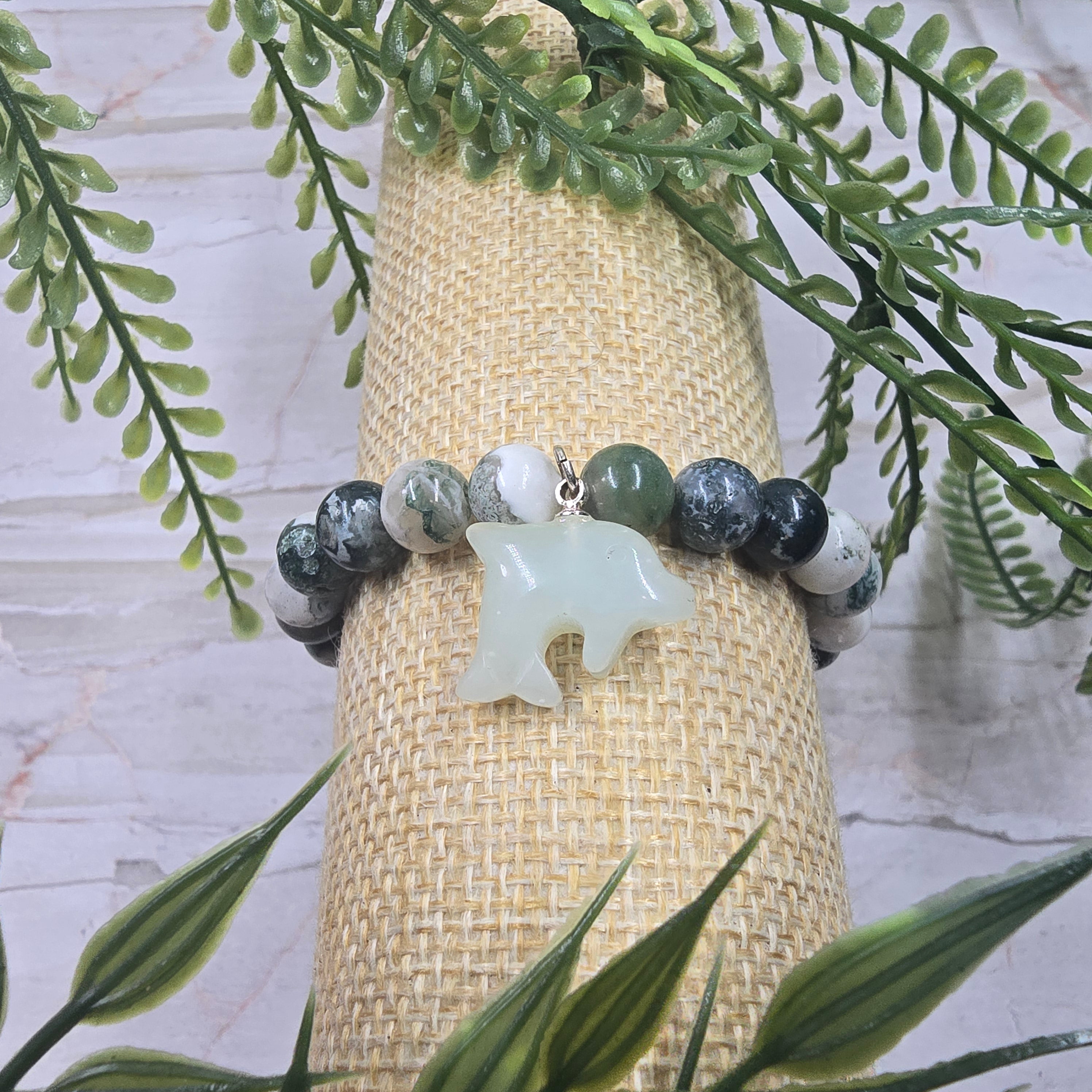🌿🐬 Bracelet élastique Agate Arbre 8 mm & dauphin en Jade – harmonie & protection