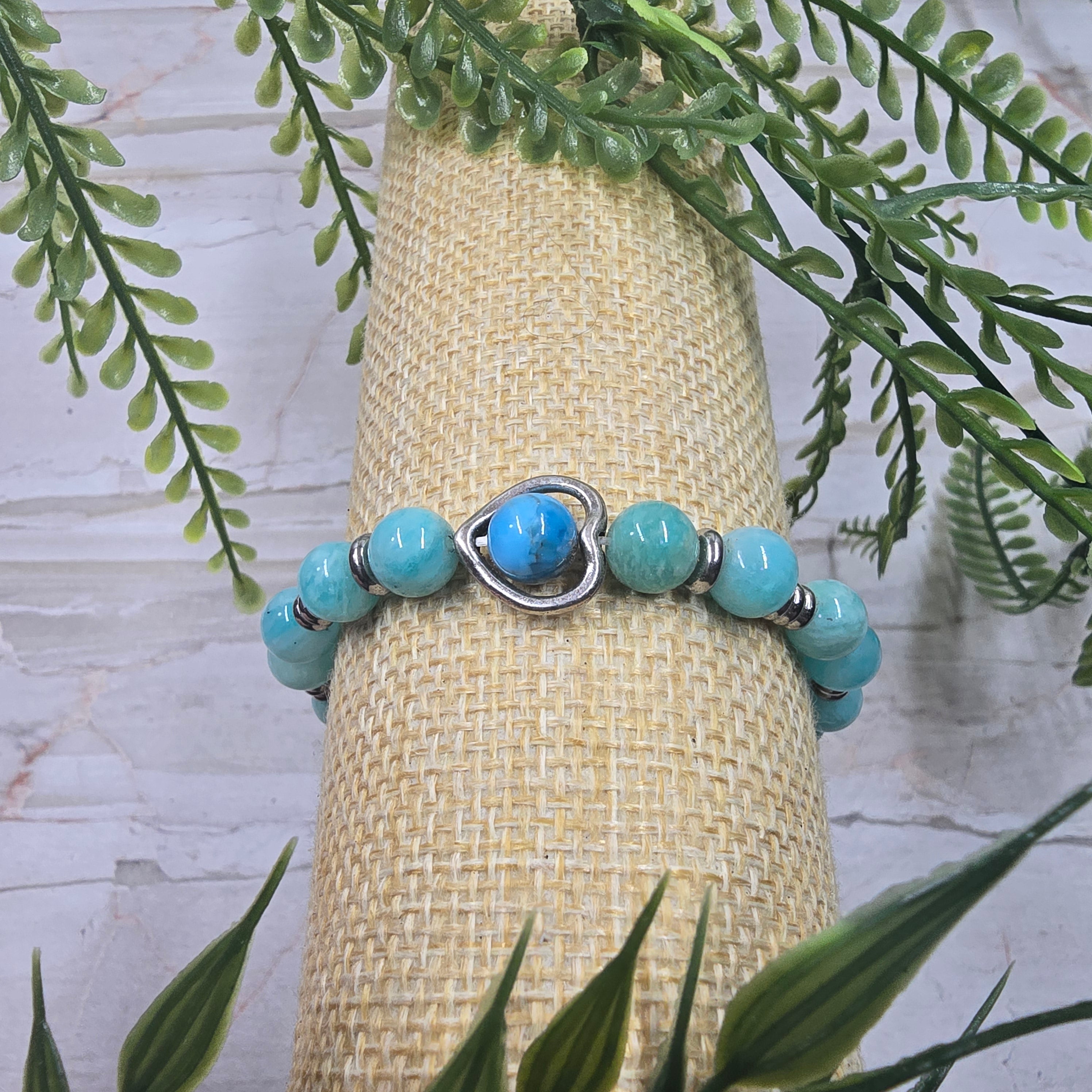 💚💙 Bracelet élastique Amazonite & Apatite dans cœur 8 mm – sérénité & énergie