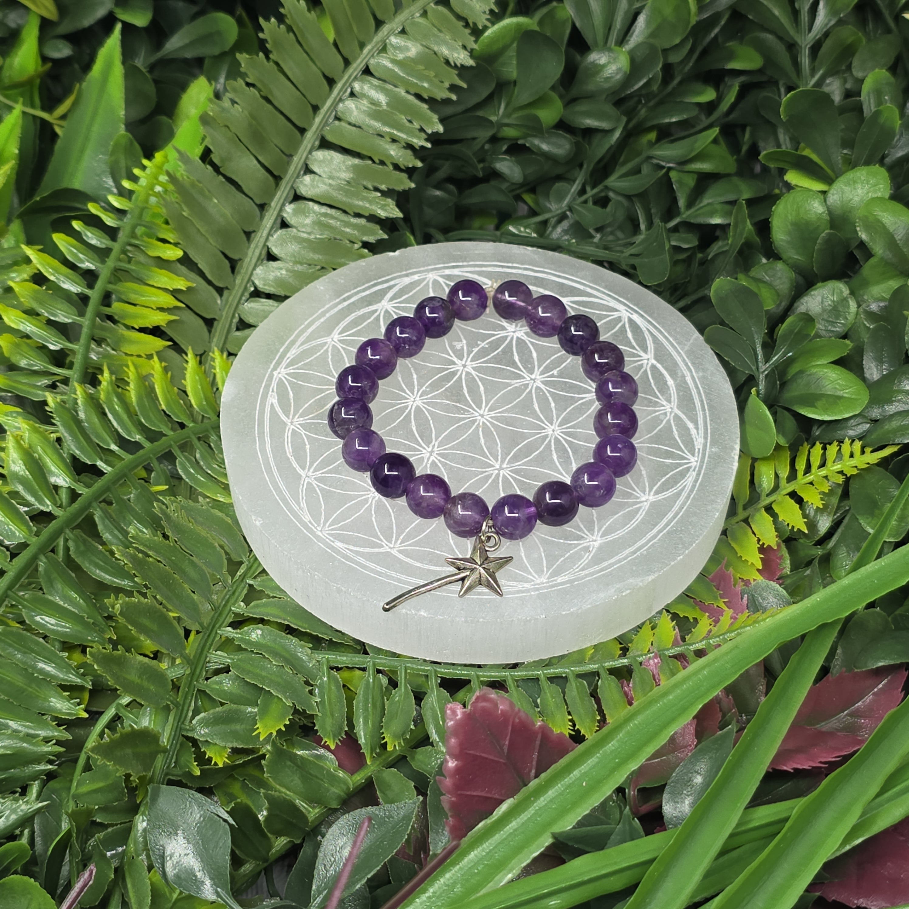 💜✨ Bracelet élastique Améthyste 8 mm & baguette magique – sérénité & intuition