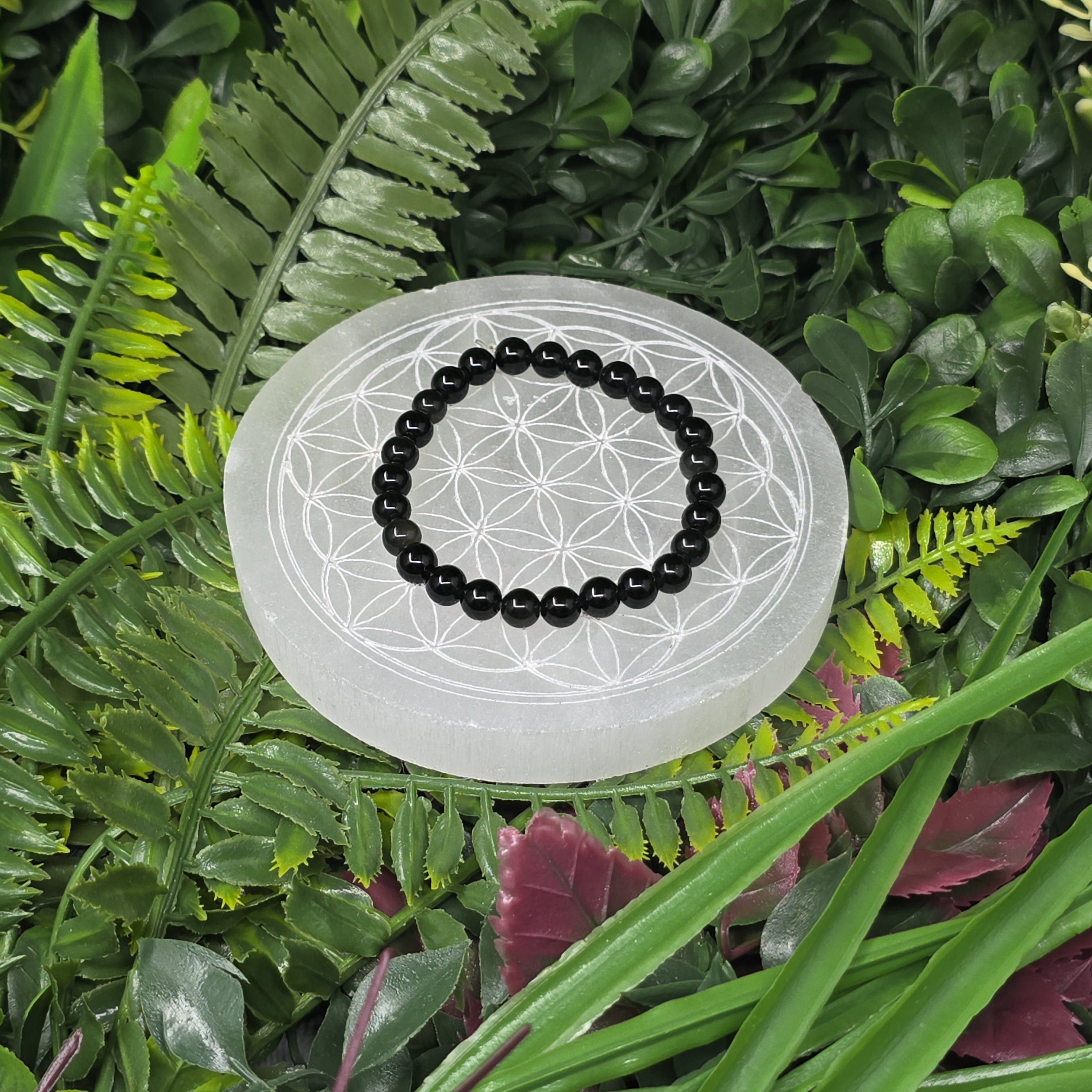 🌑✨ Bracelet élastique Obsidienne Argentée 6 mm – protection & clarté