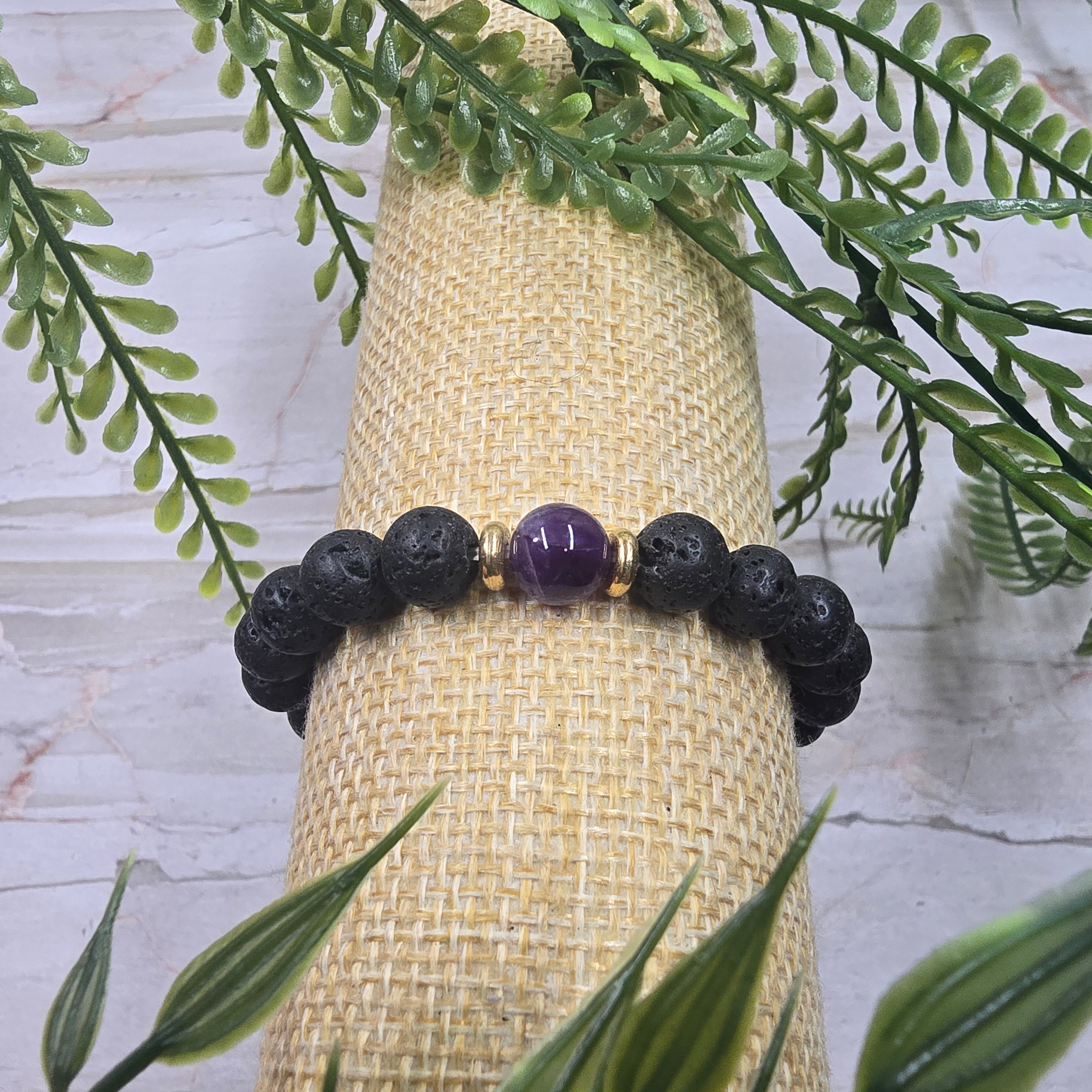 🔥💜 Bracelet Pierre de Lave & Améthyste 8 mm – énergie & sérénité