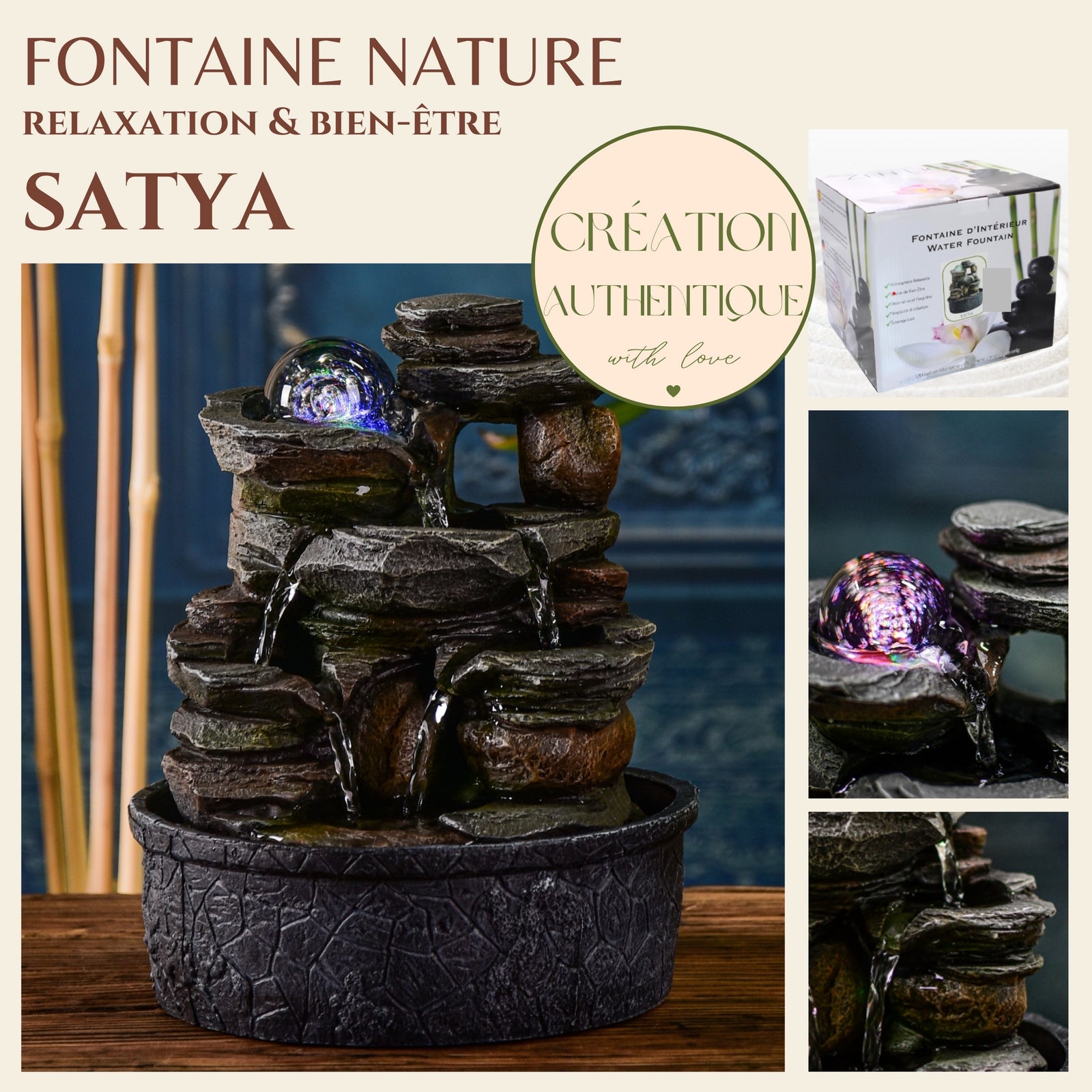 Fontaine Satya 🌊 Cascade multi-niveaux & boule lumineuse 🔮