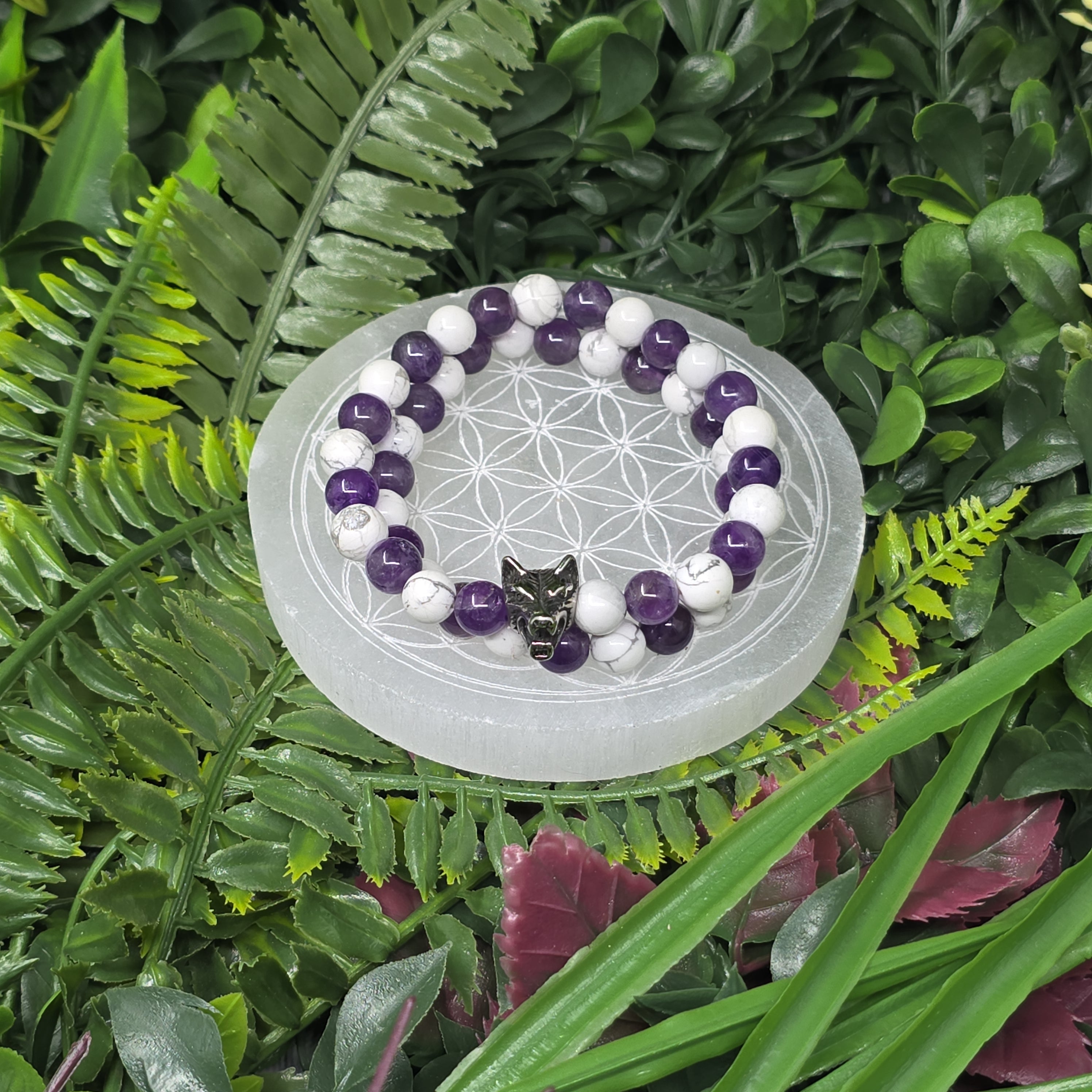 🐺💜🤍 Lot 2 Bracelets Homme Améthyste & Howlite 8 mm avec tête de loup – protection & équilibre