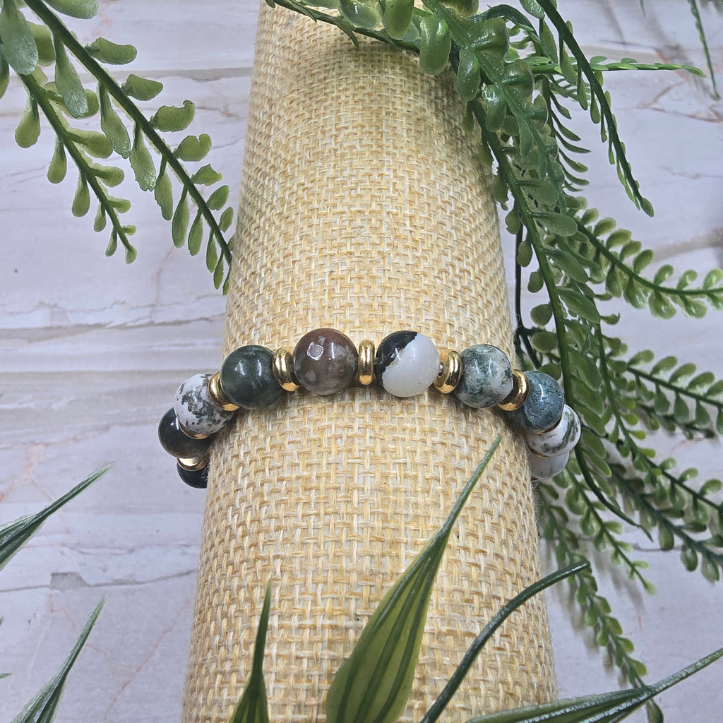 🌿 Bracelet élastique Agate Arbre 8 mm séparateurs couleur or – ancrage & sérénité