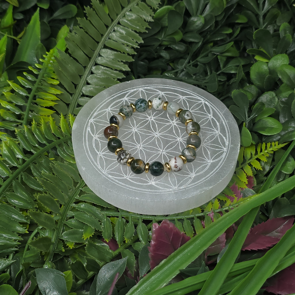 🌿 Bracelet élastique Agate Arbre 8 mm séparateurs couleur or – ancrage & sérénité