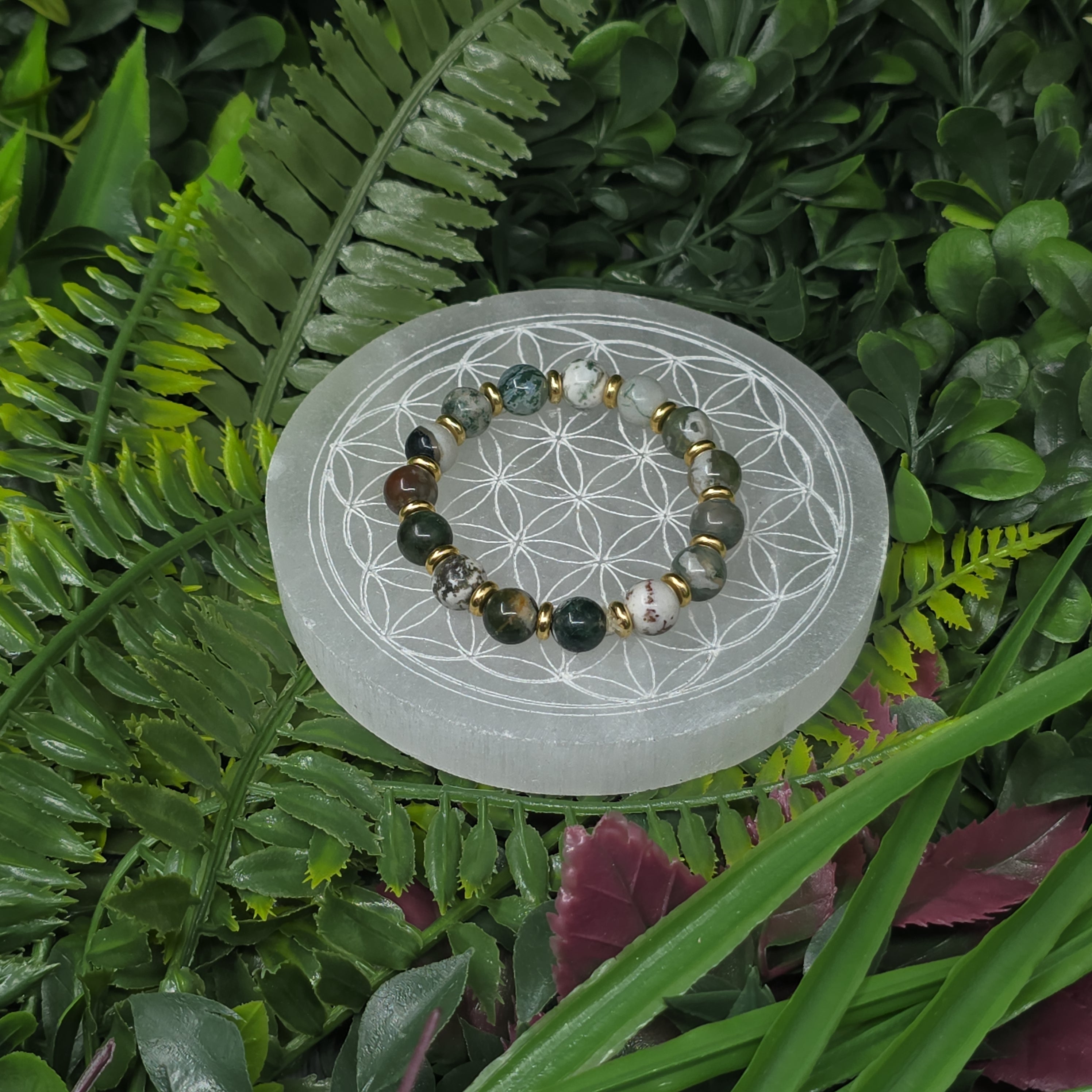 🌿 Bracelet élastique Agate Arbre 8 mm séparateurs couleur or – ancrage & sérénité