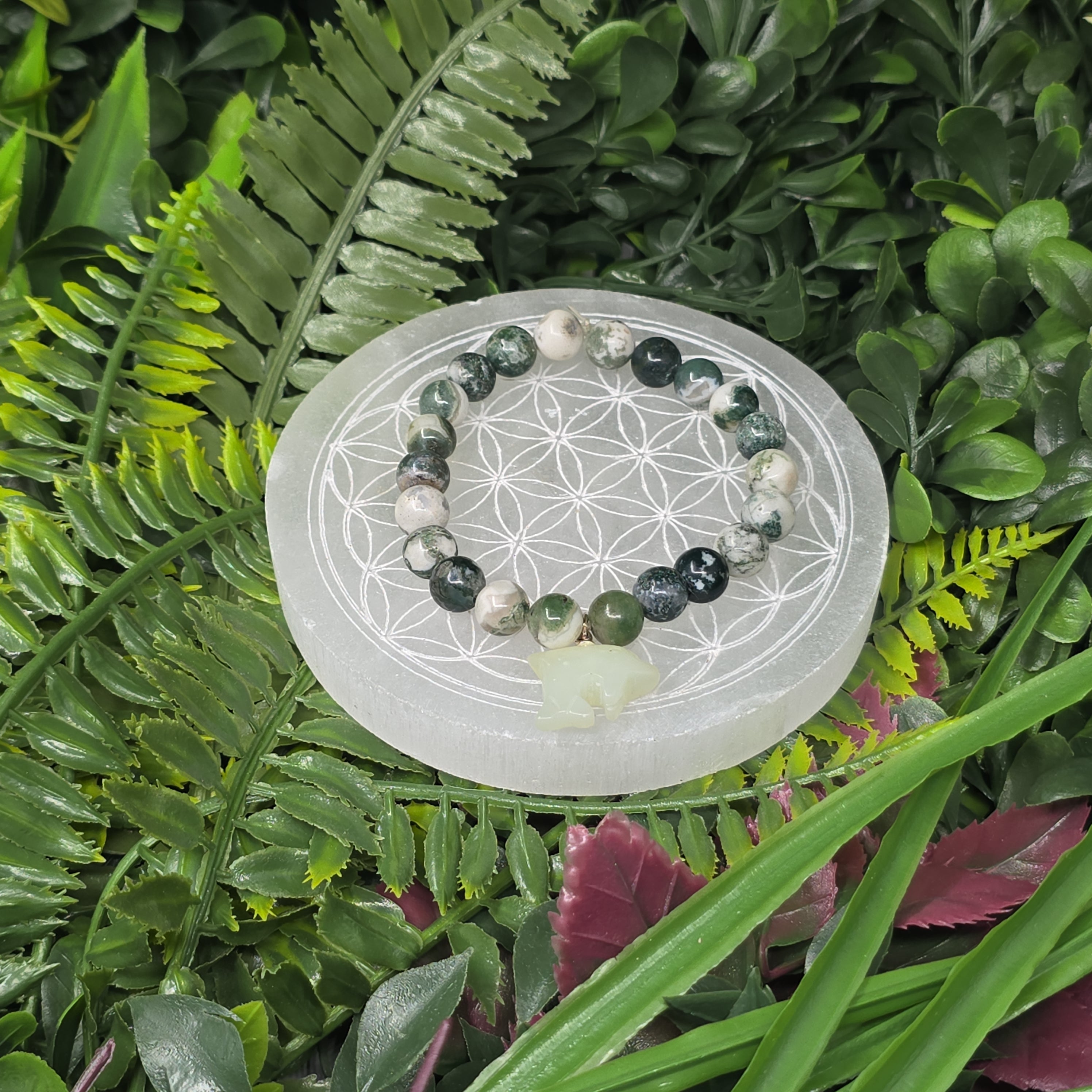 🌿🐬 Bracelet élastique Agate Arbre 8 mm & dauphin en Jade – harmonie & protection