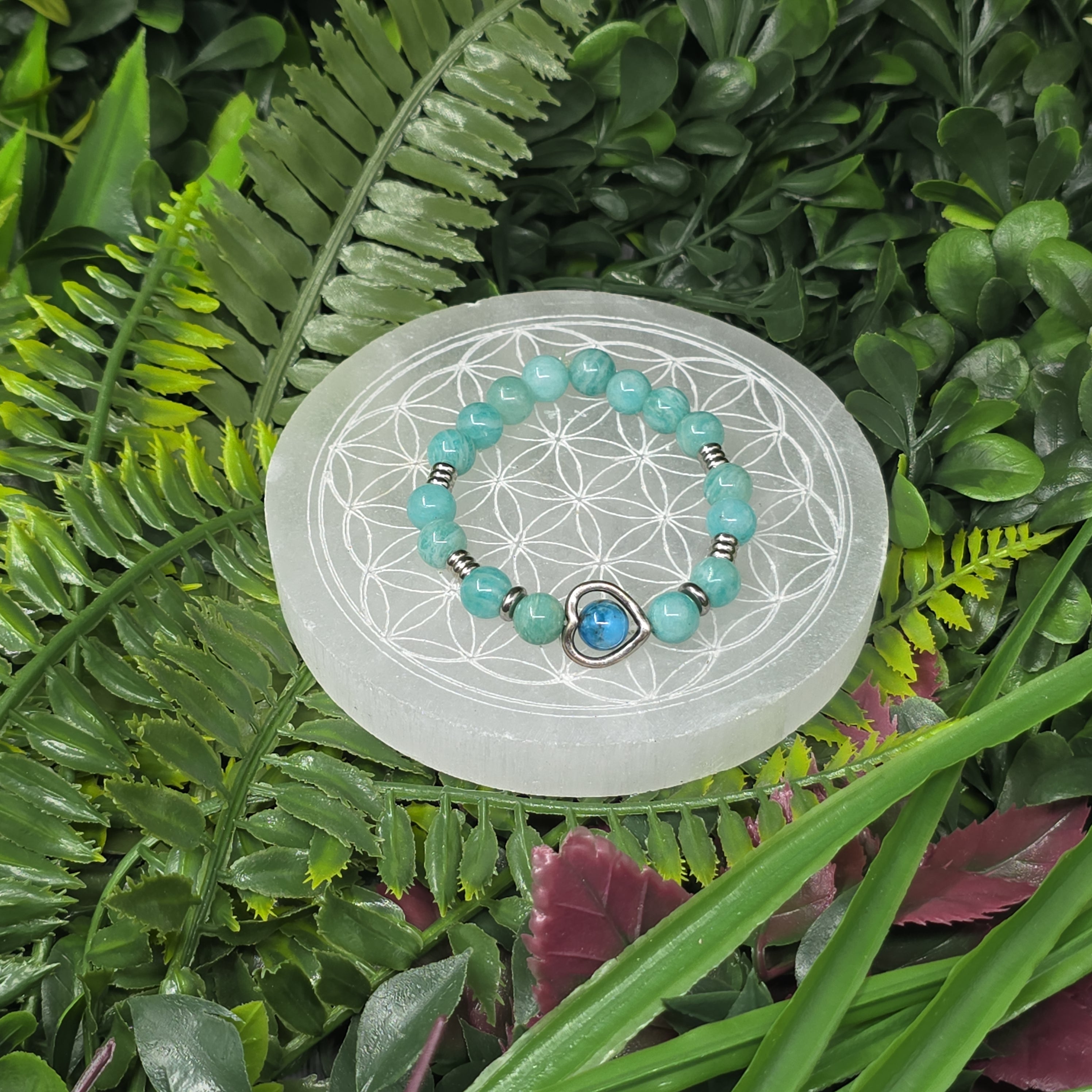💚💙 Bracelet élastique Amazonite & Apatite dans cœur 8 mm – sérénité & énergie