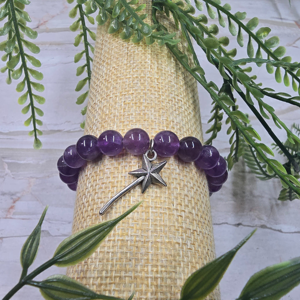 💜✨ Bracelet élastique Améthyste 8 mm & baguette magique – sérénité & intuition