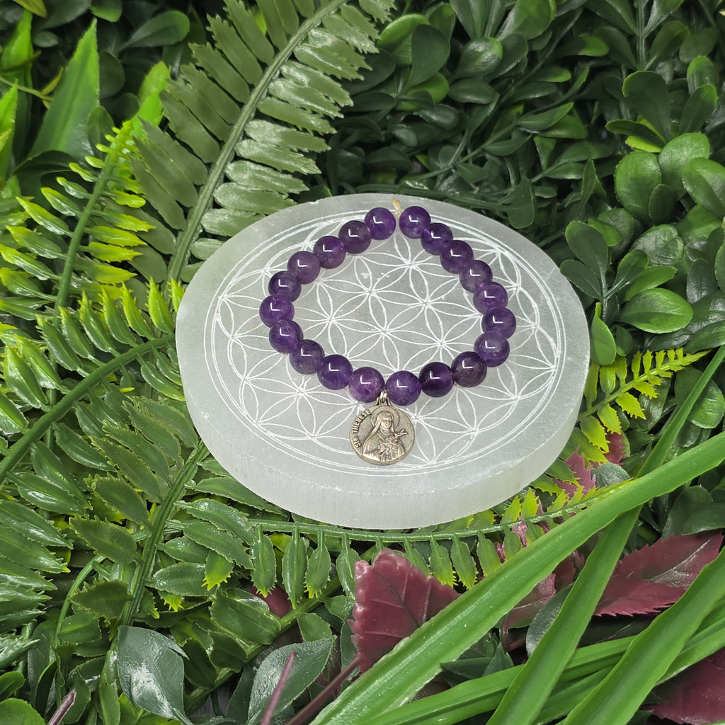 💜🙏 Bracelet élastique Améthyste 8 mm & Sainte Thérèse – sérénité & protection