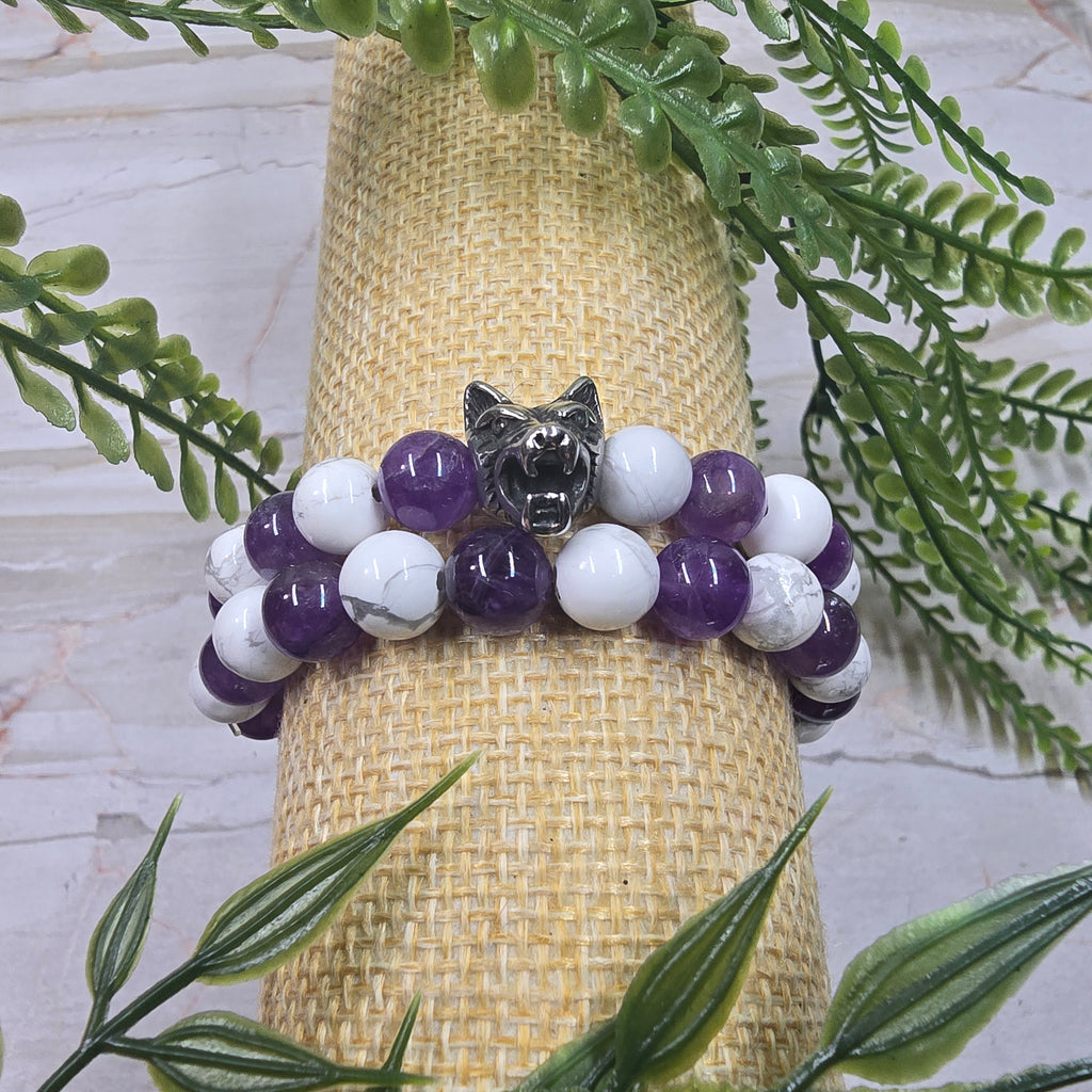 🐺💜🤍 Lot 2 Bracelets Homme Améthyste & Howlite 8 mm avec tête de loup – protection & équilibre