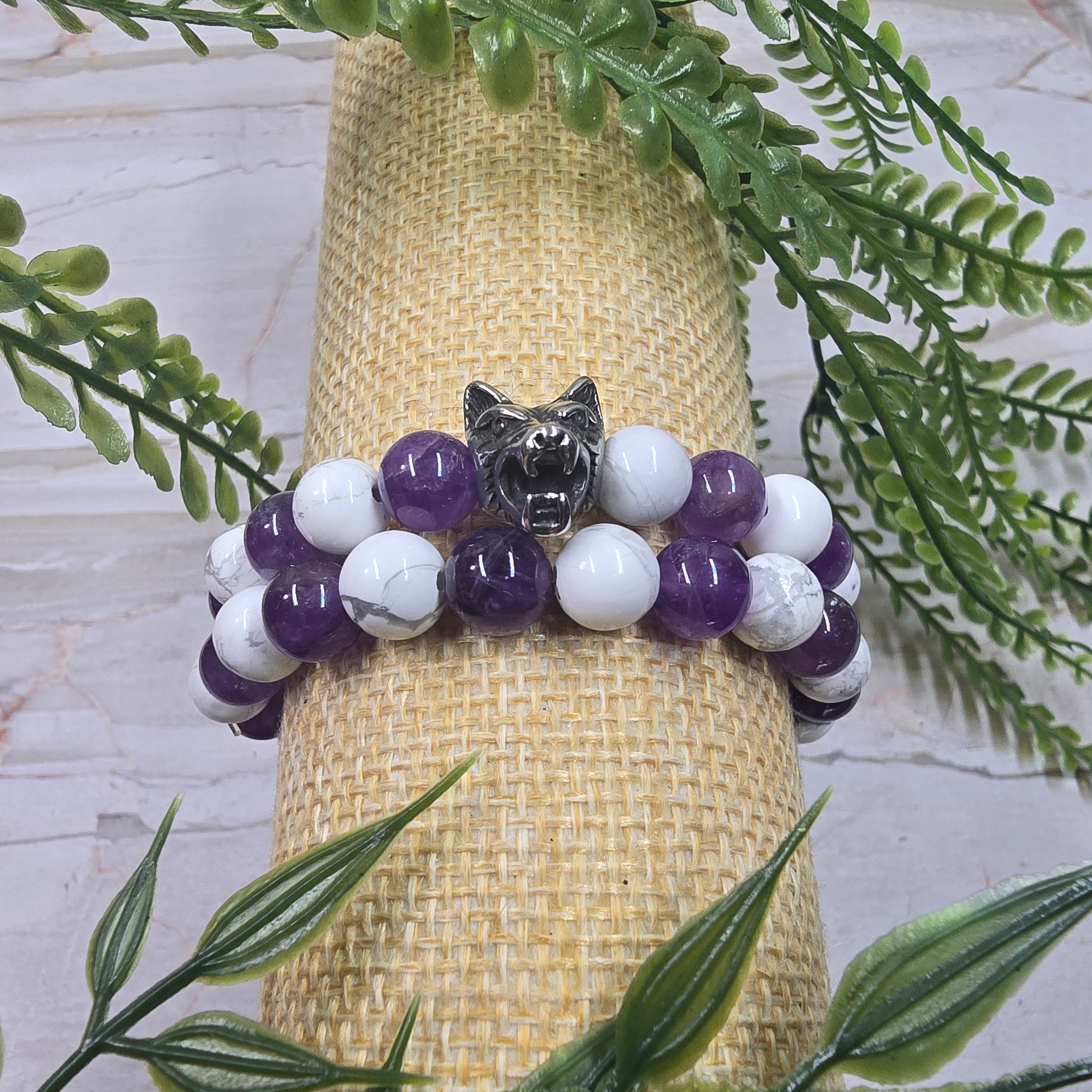 🐺💜🤍 Lot 2 Bracelets Homme Améthyste & Howlite 8 mm avec tête de loup – protection & équilibre