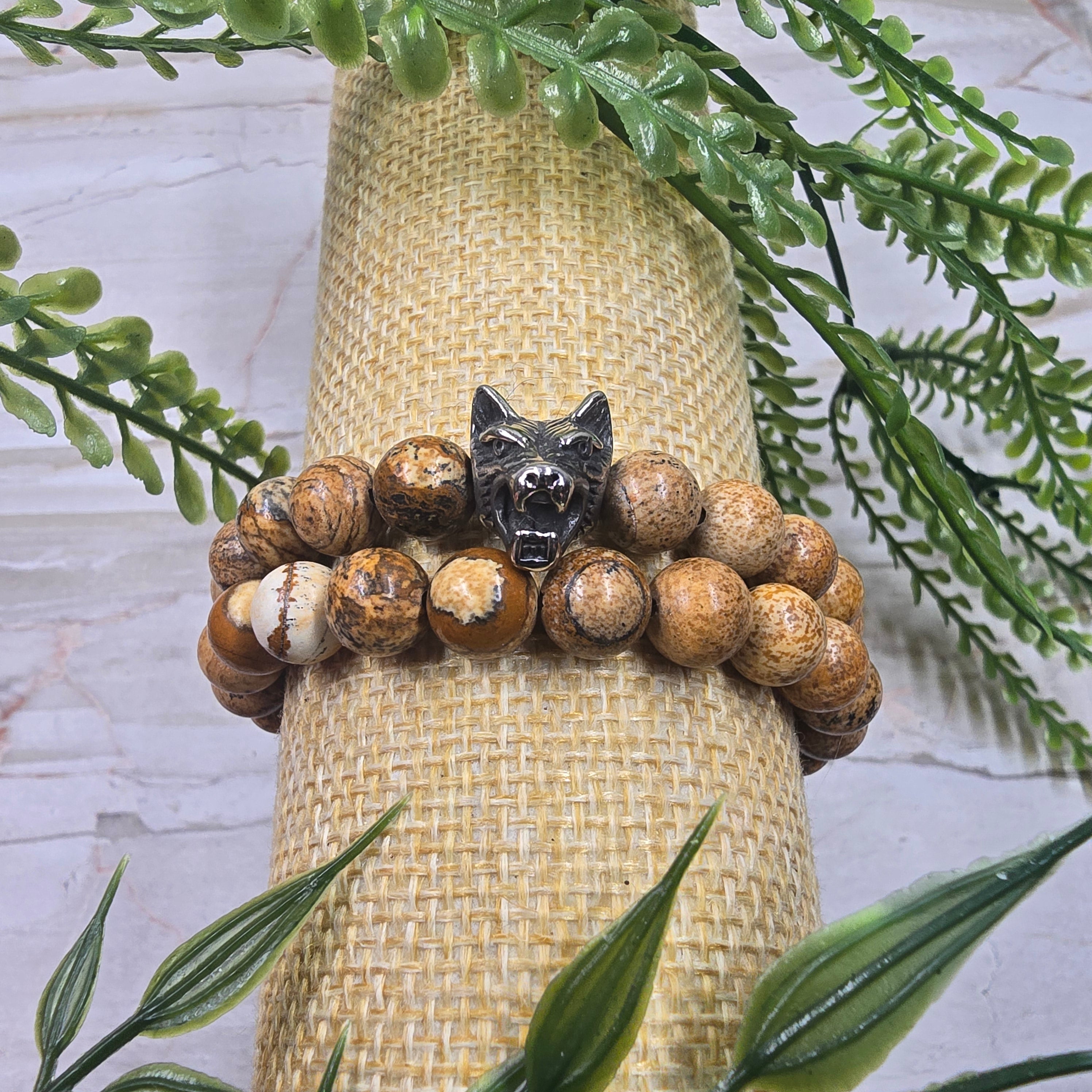 🐺🌄 Lot 2 Bracelets Homme Jaspe Paysage 8 mm & tête de loup – force & ancrage