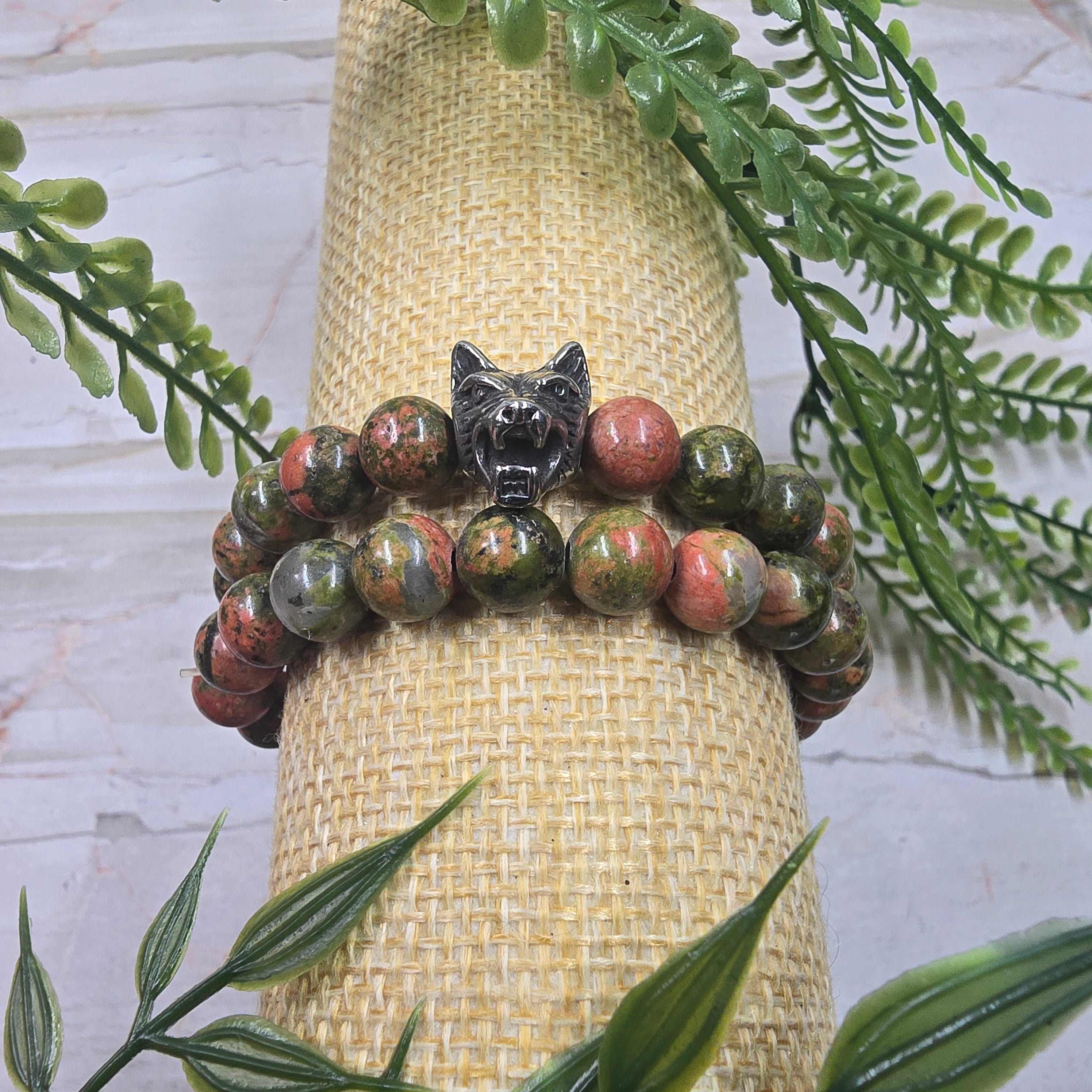 🐺🌿 Lot 2 Bracelets Homme Unakite 8 mm & tête de loup – équilibre & force