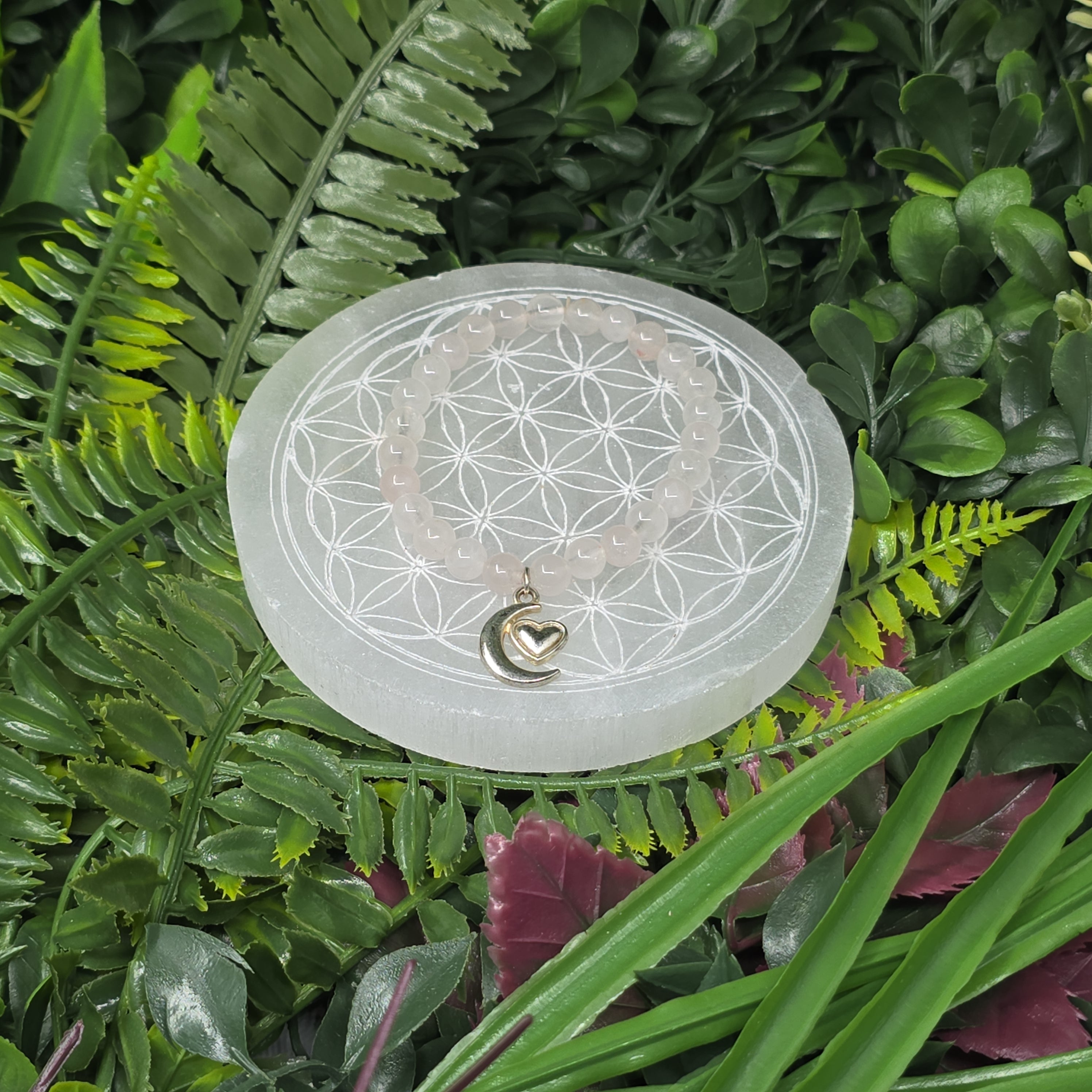 💗 Bracelet élastique Quartz Rose 6 mm & breloque cœur lune – amour & féminité