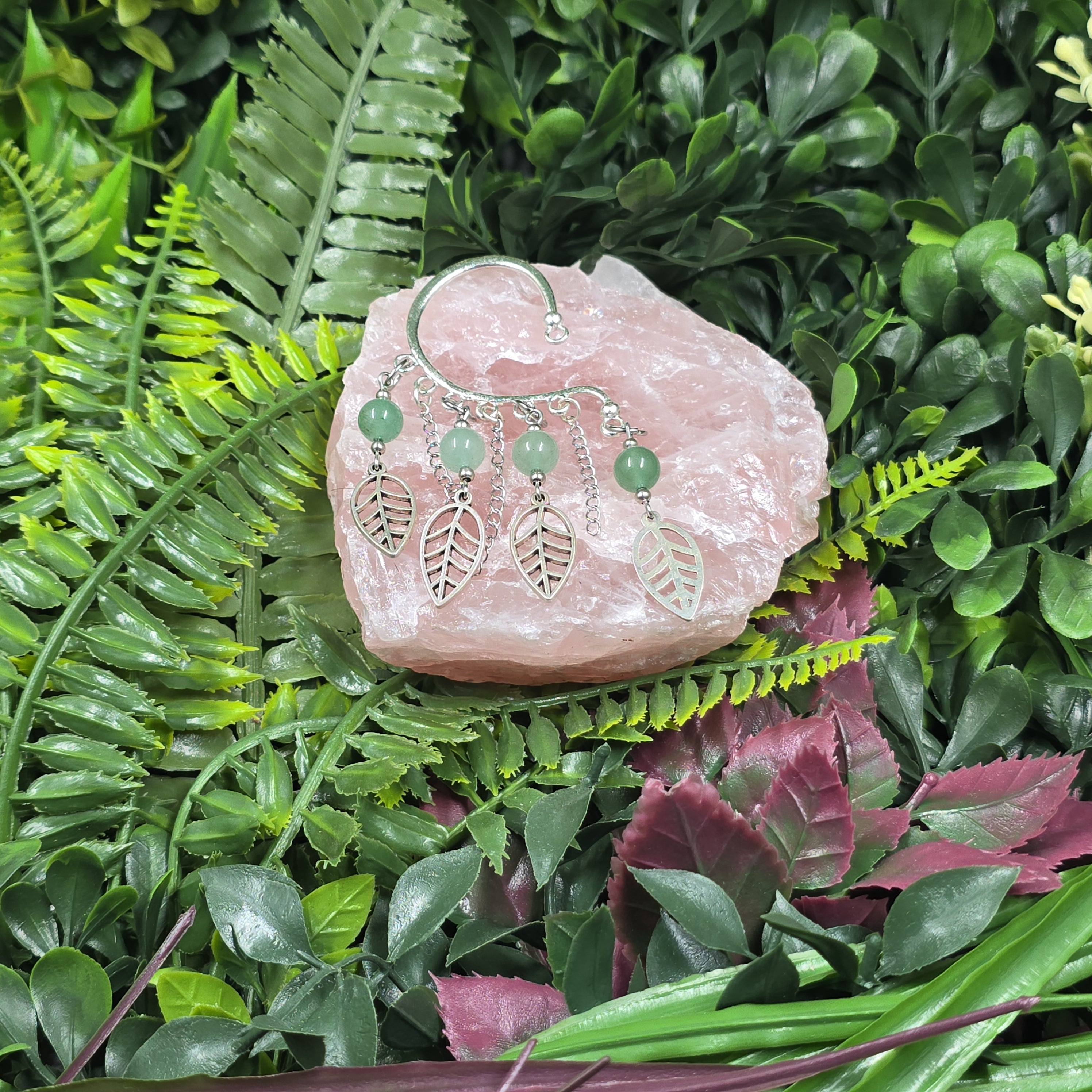 ear cuff aventurine verte argenté acier inoxydable – bijou elfique feuilles bohème Mirella Pietra 🍃✨