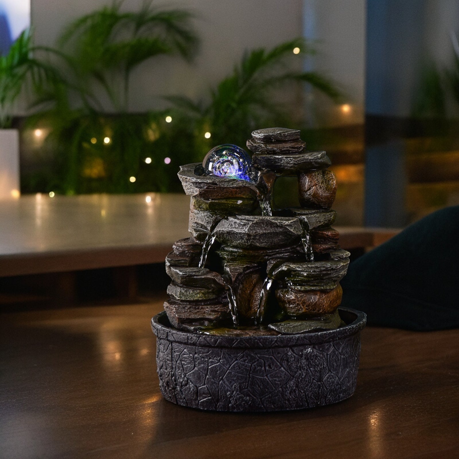 Fontaine Satya 🌊 Cascade multi-niveaux & boule lumineuse 🔮